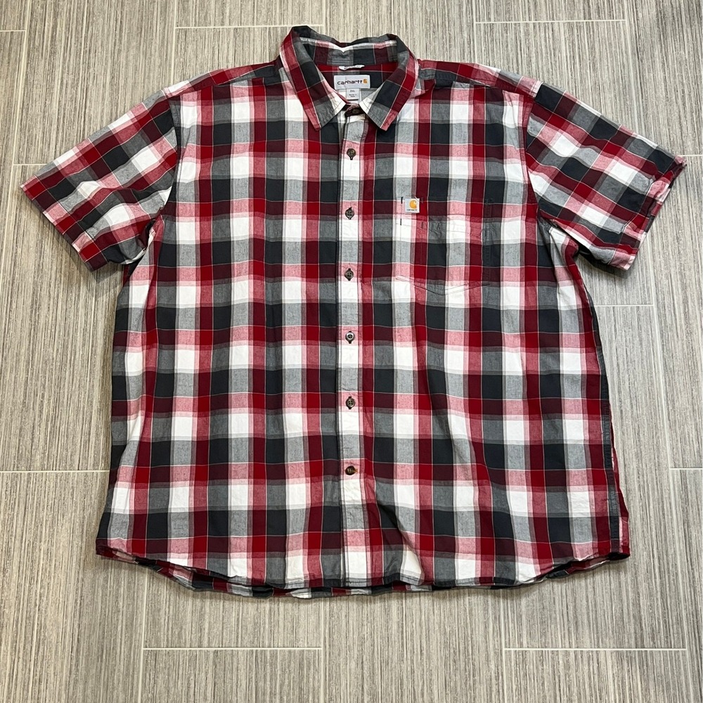 Carhartt Relaxed Fit Plaid Shirt Mens 2XL Short Sleeve Button Down Red Gray